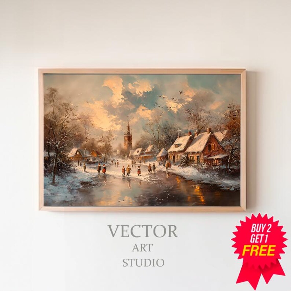 Ice Skaters On Frozen Pond Winter Village At Sunset Vintage Poster