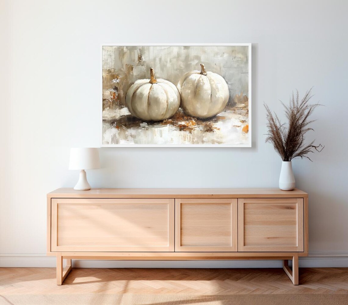 Two White Pumpkins in a Neutral Beige Oil Painting Still Life Art Poster - Image 2