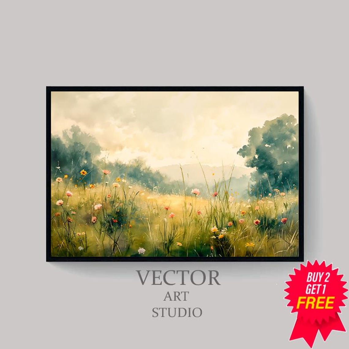 Golden Wildflower Meadow Watercolor With Distant Trees Poster - Image 4