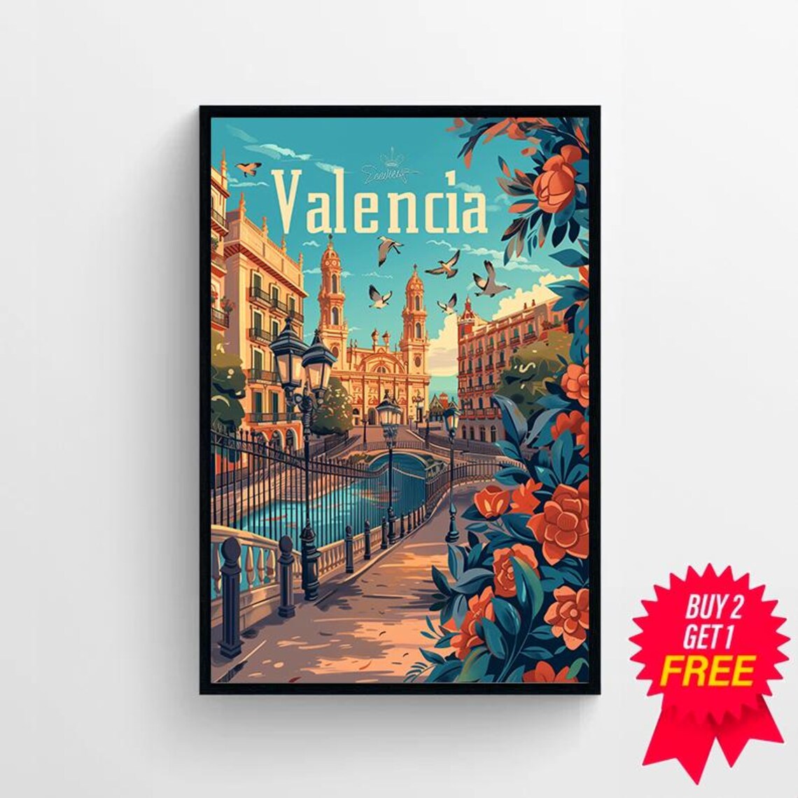 Valencia Spain Retro Travel Poster With Cathedral Turquoise Sky - Image 4