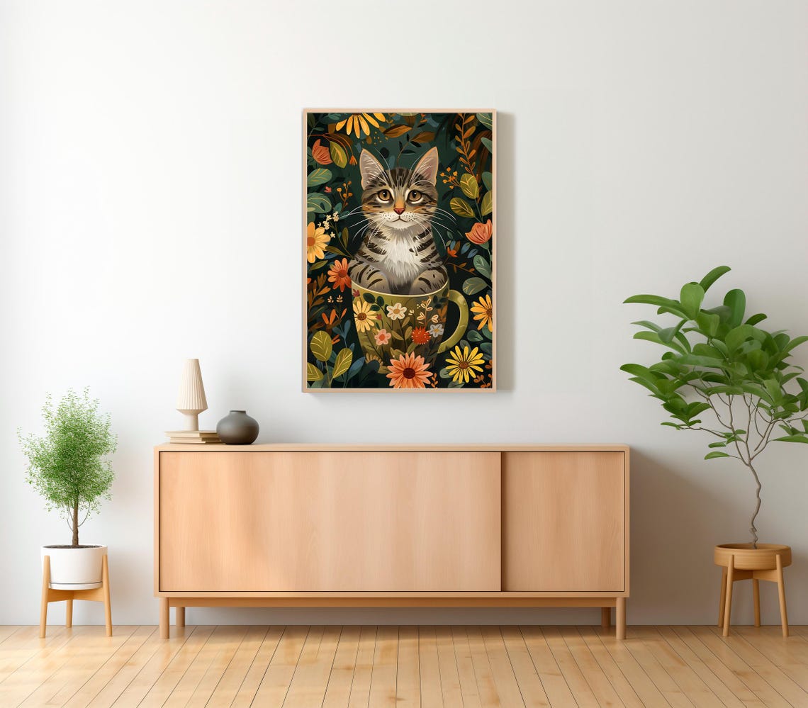 Adorable Tabby Kitten in Decorative Floral Teacup Jungle Poster - Image 2