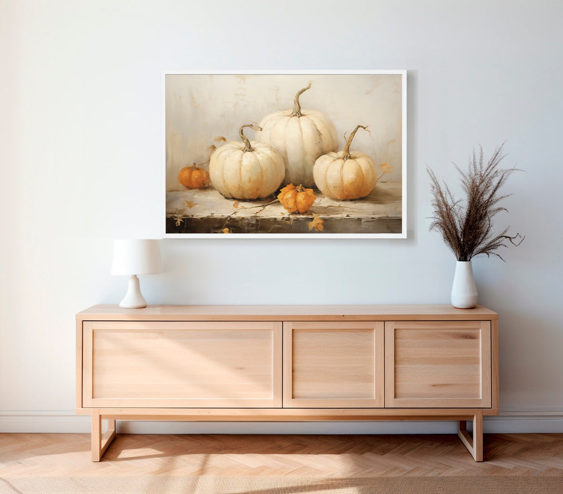 White Pumpkins on a Rustic Table Warm Neutral Fall Still Life Poster - Image 2