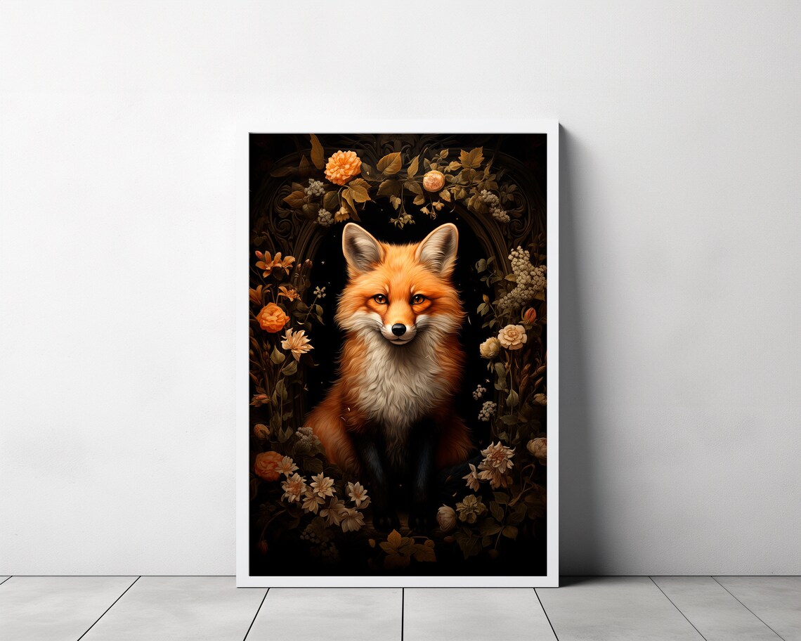 Red Fox Framed by Flowers on Dark Botanical Background Wildlife Art Poster - Image 3