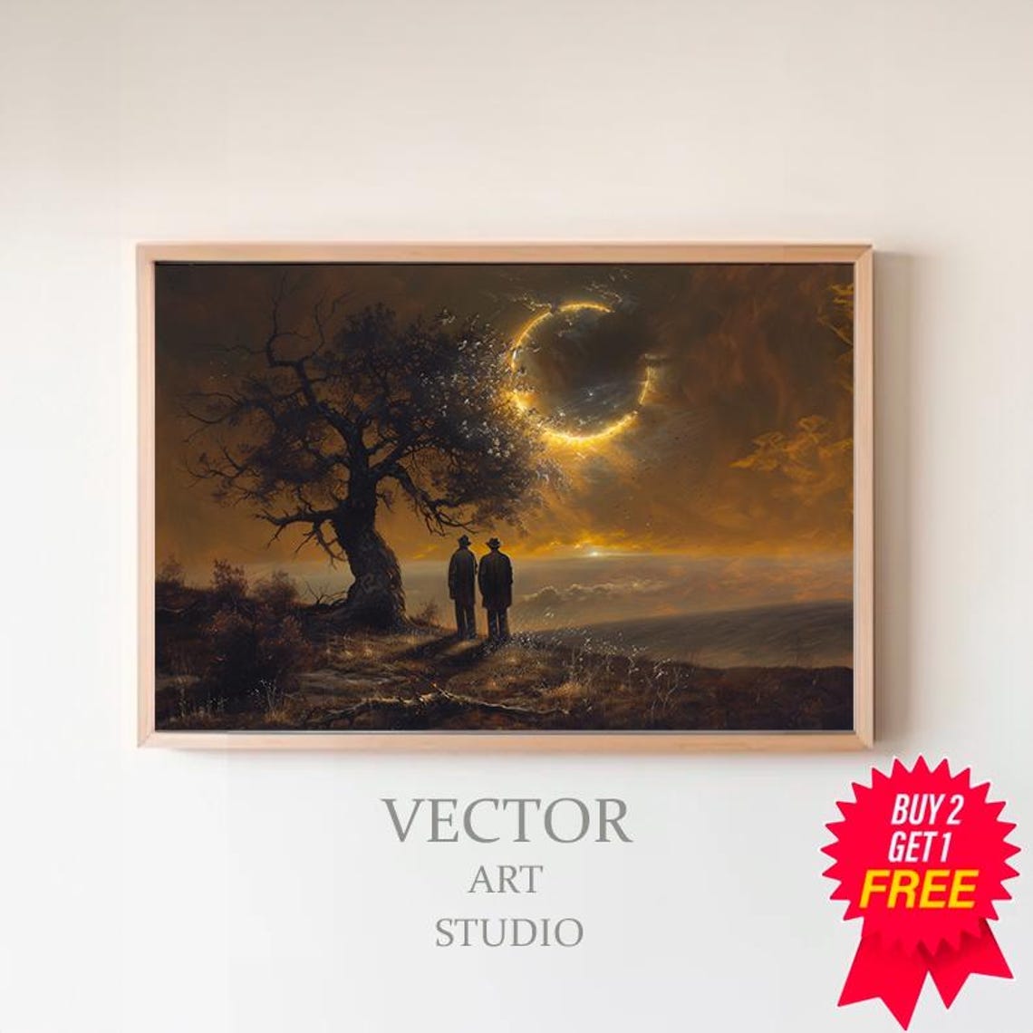 Two Men Under a Solar Eclipse Gnarled Tree Moody Painting Poster