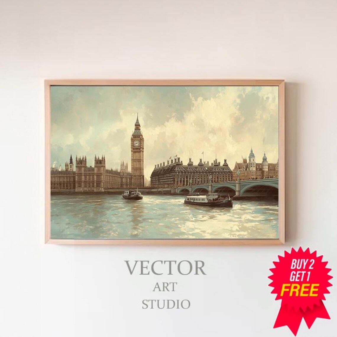 Big Ben and Westminster Bridge on the Thames Vintage London Poster