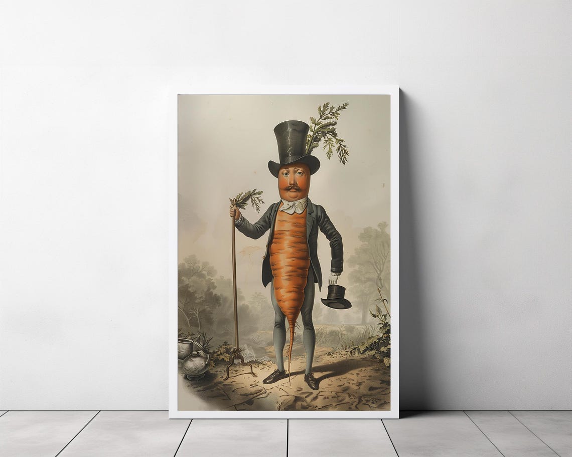 Anthropomorphic Carrot Gentleman in Top Hat Vintage Whimsy Poster - Image 3
