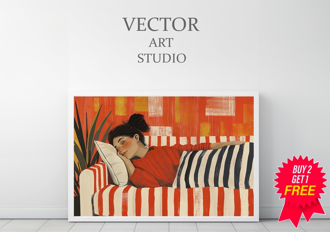 Modern Abstract Wall Art Woman On Red Orange Striped Couch Unique Line Drawing Large Print For Vibrant Home Decor - Image 3