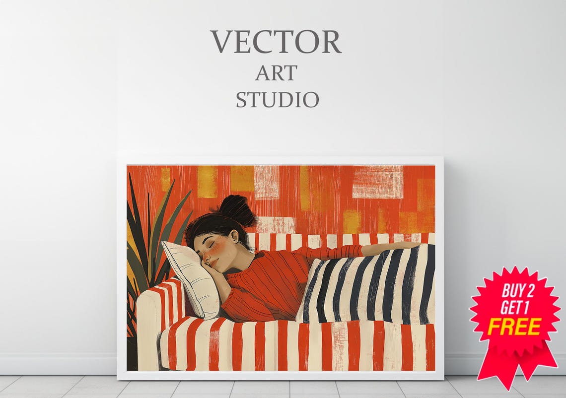 Sleeping Woman on a Red Striped Couch in Warm Orange Tones Poster - Image 3