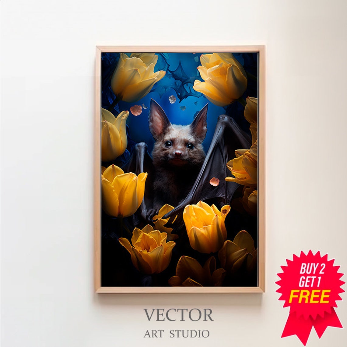 Cute Fruit Bat Among Bright Yellow Tulips Whimsical Animal Art Poster