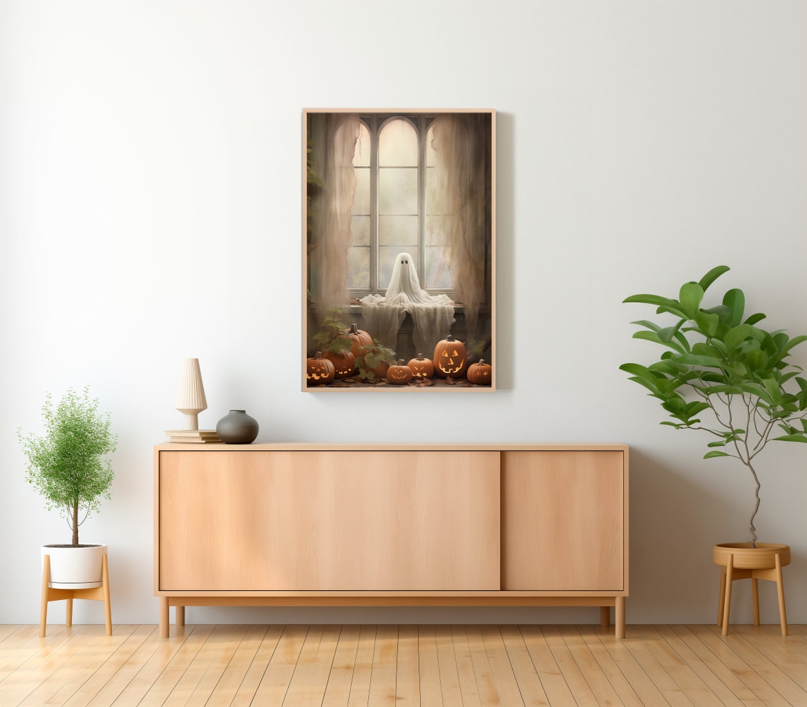 Ghost on a Windowsill With Glowing Jack O Lanterns Autumn Poster - Image 2