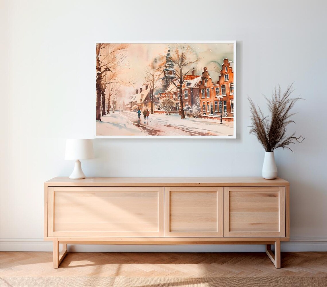 Snowy Dutch Style Village Winter Street Watercolor Painting Poster - Image 2