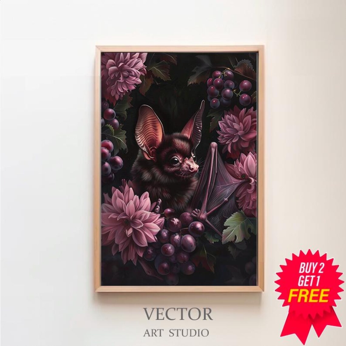 Gothic Fruit Bat with Spread Wing Among Dahlias Dark Floral Art Print