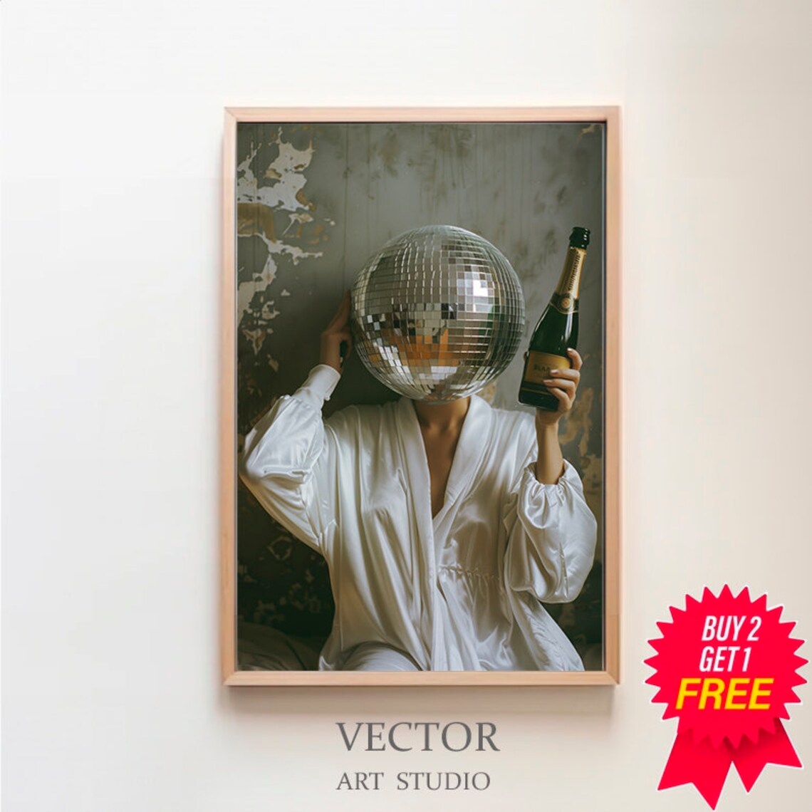 Surreal Woman With Disco Ball Head Holding Champagne Vintage Poster