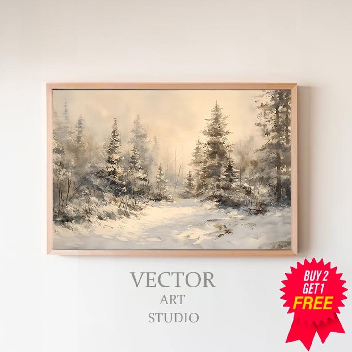 Snowy Pine Forest in Mist Neutral Winter Watercolor Forest Poster