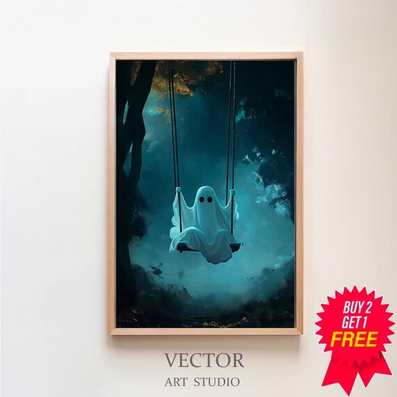 Cute Sheet Ghost Swinging in a Misty Blue Forest Night Poster