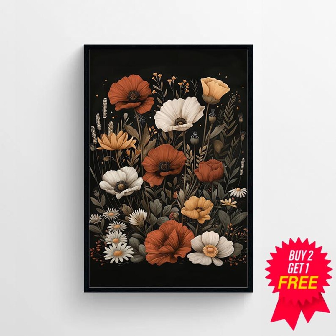Burnt Orange Poppies with White Wildflowers on a Black Poster - Image 4