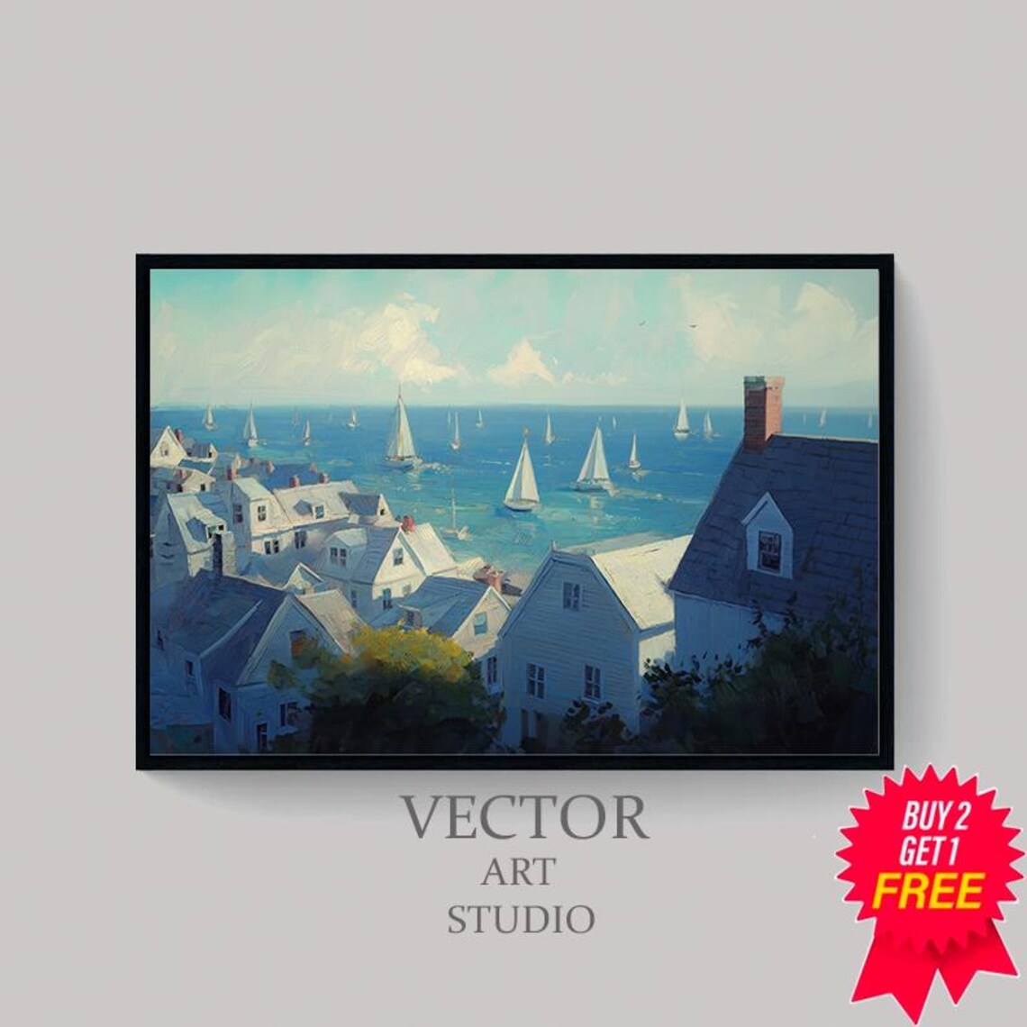 Seaside Village With White Houses And Sailboats Painterly Poster - Image 4