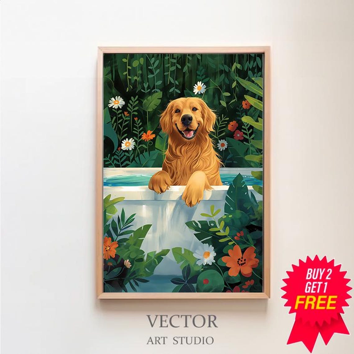 Golden Retriever Leaning Over Bathtub Edge Daisy Garden Wall Poster