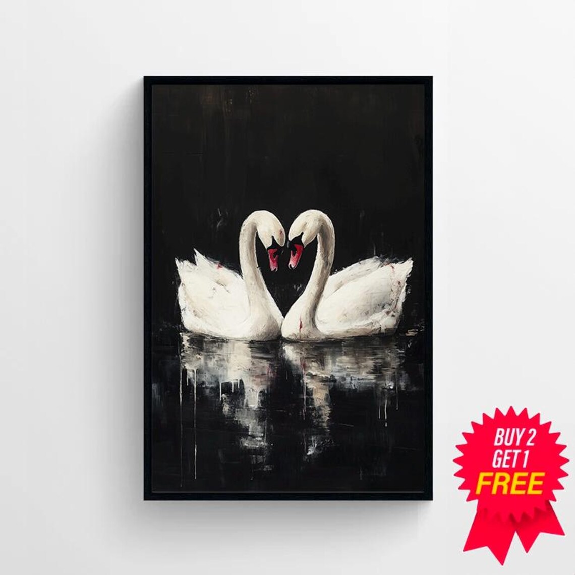 Two White Swans Forming a Heart on Dark Water Oil Painting Poster - Image 4