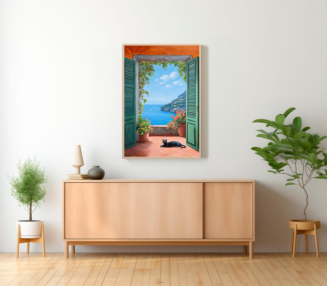 Black Cat on a Terrace with Green Shutters Amalfi Coast Poster - Image 2