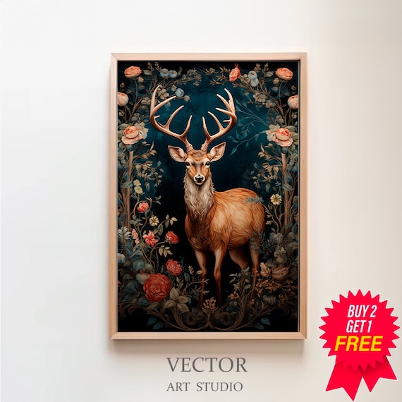 Majestic Stag with Antlers in a Dark Vintage Floral Garden Poster