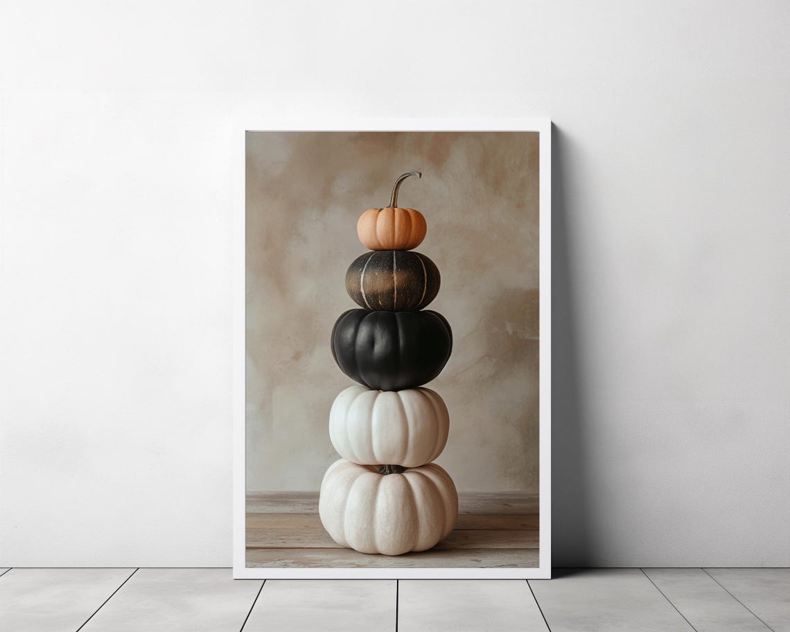Tall Stack of Five Pumpkins in Black White and Orange Fall Art Poster - Image 3