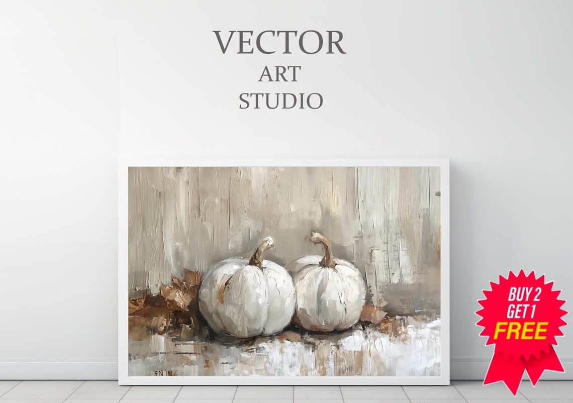 Two White Pumpkins with Autumn Leaves in a Rustic Still Life Art Poster - Image 3