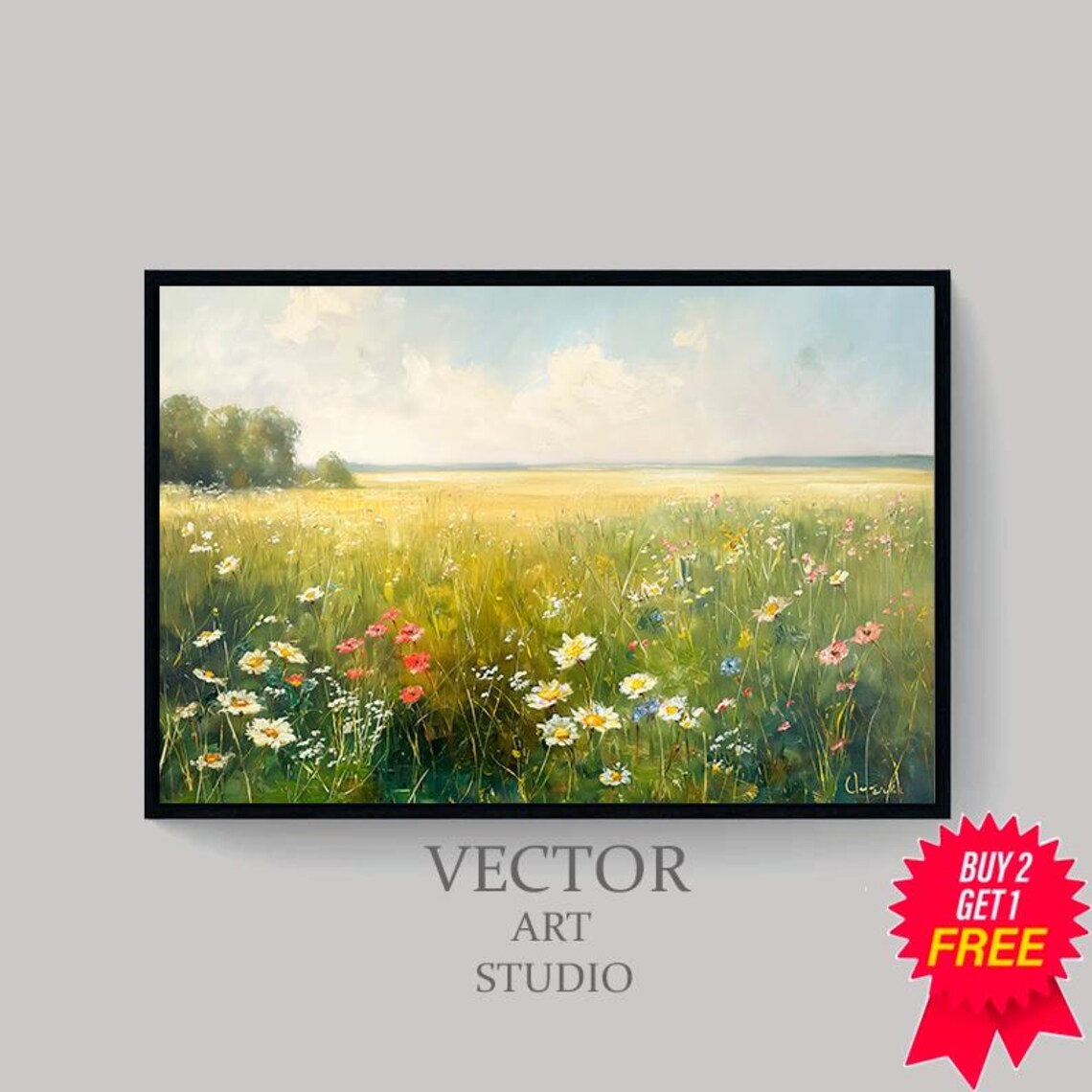 Sunlit Wildflower Meadow Summer Landscape Oil Painting Art Poster - Image 4