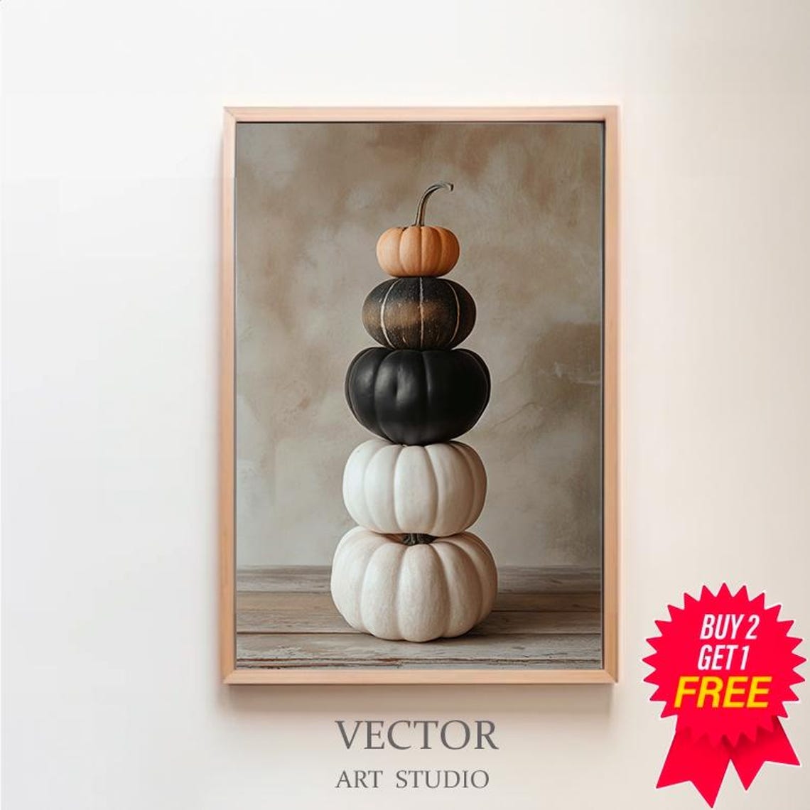 Tall Stack of Five Pumpkins in Black White and Orange Fall Art Poster
