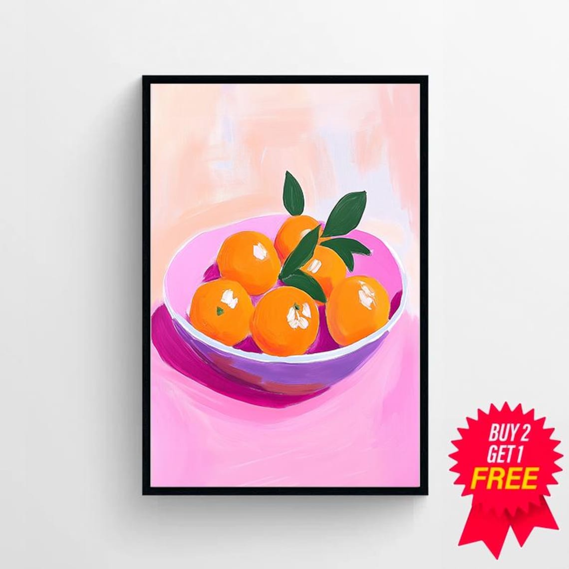 Bowl Of Bright Oranges With Green Leaves On Pink Background Poster - Image 4