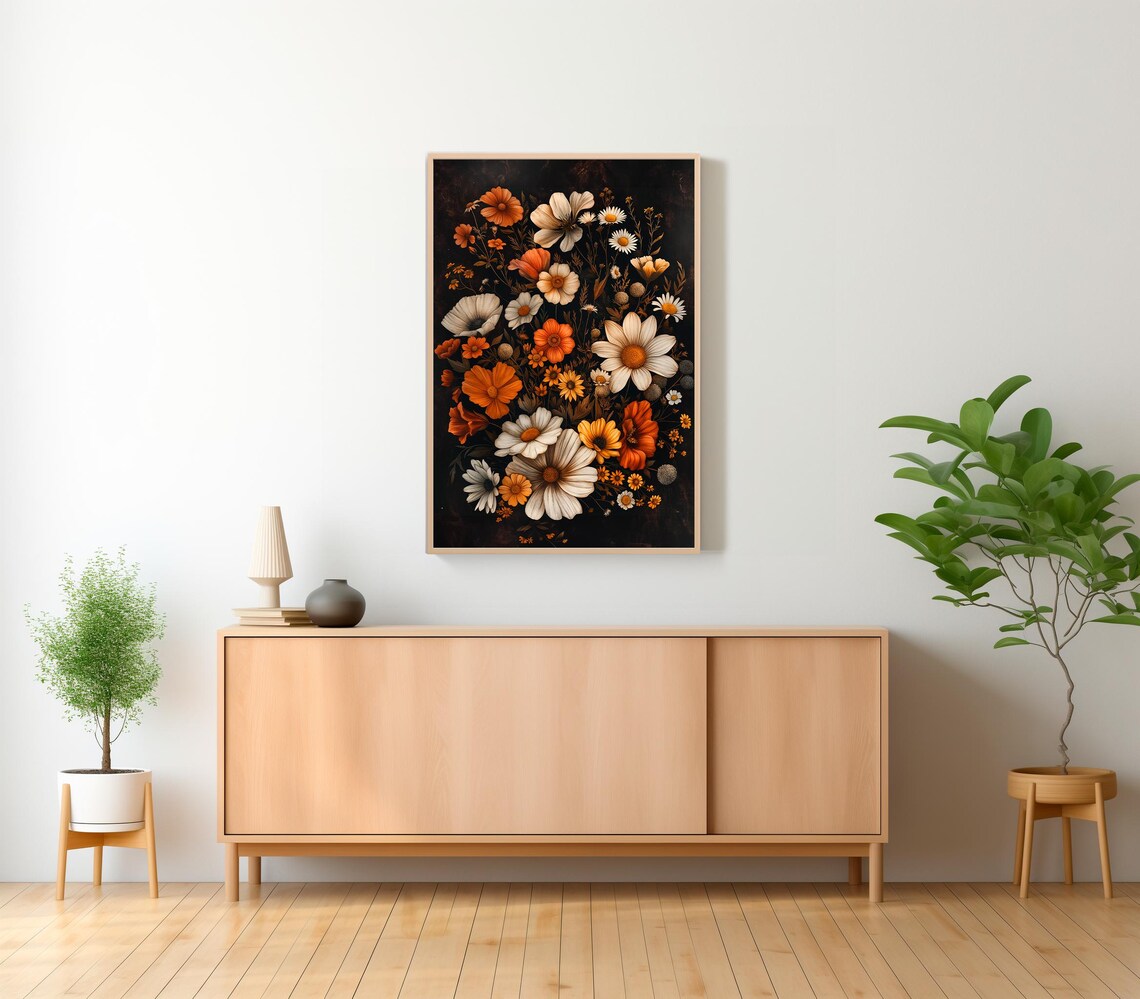 Orange White Wildflower Bouquet Moody Dark Floral Art Poster - Image 2