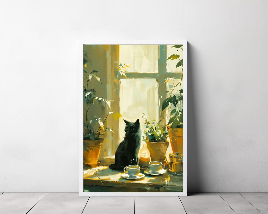 Black Cat Sitting by Sunny Window with Vintage Tea Cups Kitchen Poster - Image 3