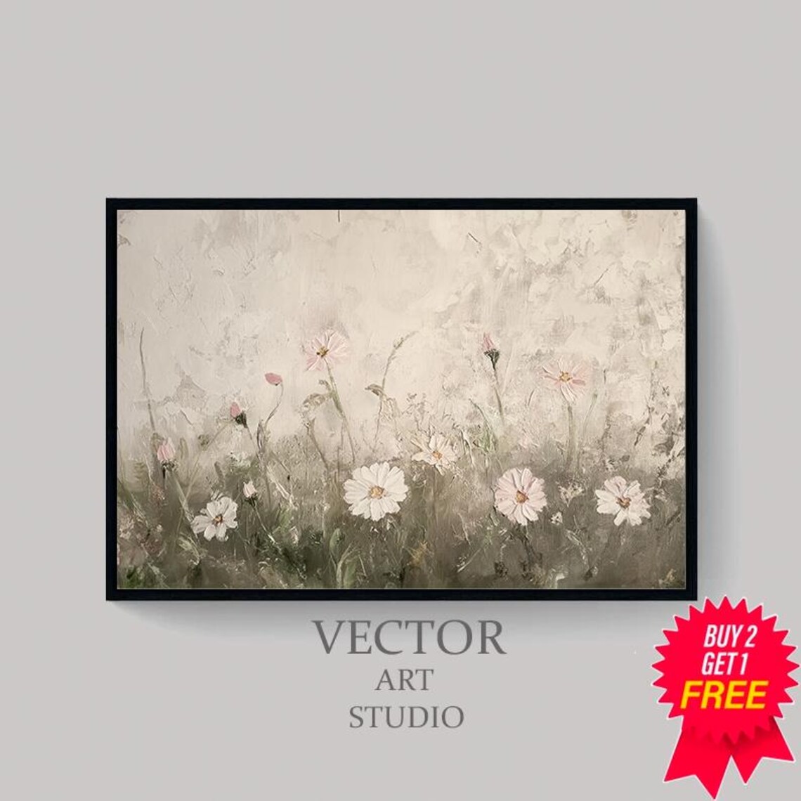 Delicate White Cosmos Flowers on a Soft Textured Beige Canvas Poster - Image 4