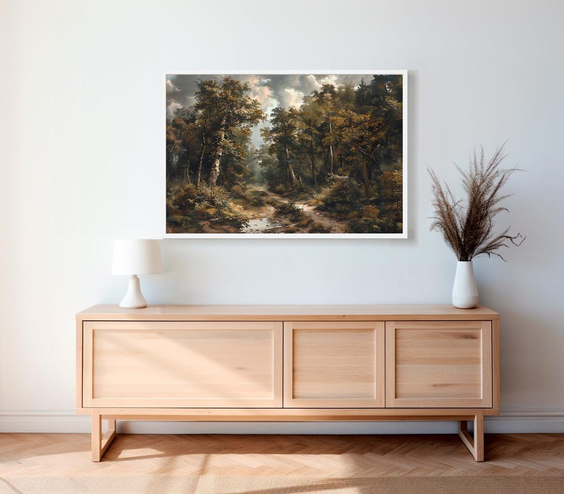 Classic Vintage Forest Path with a Sunlit Stream Oil Painting Poster - Image 2