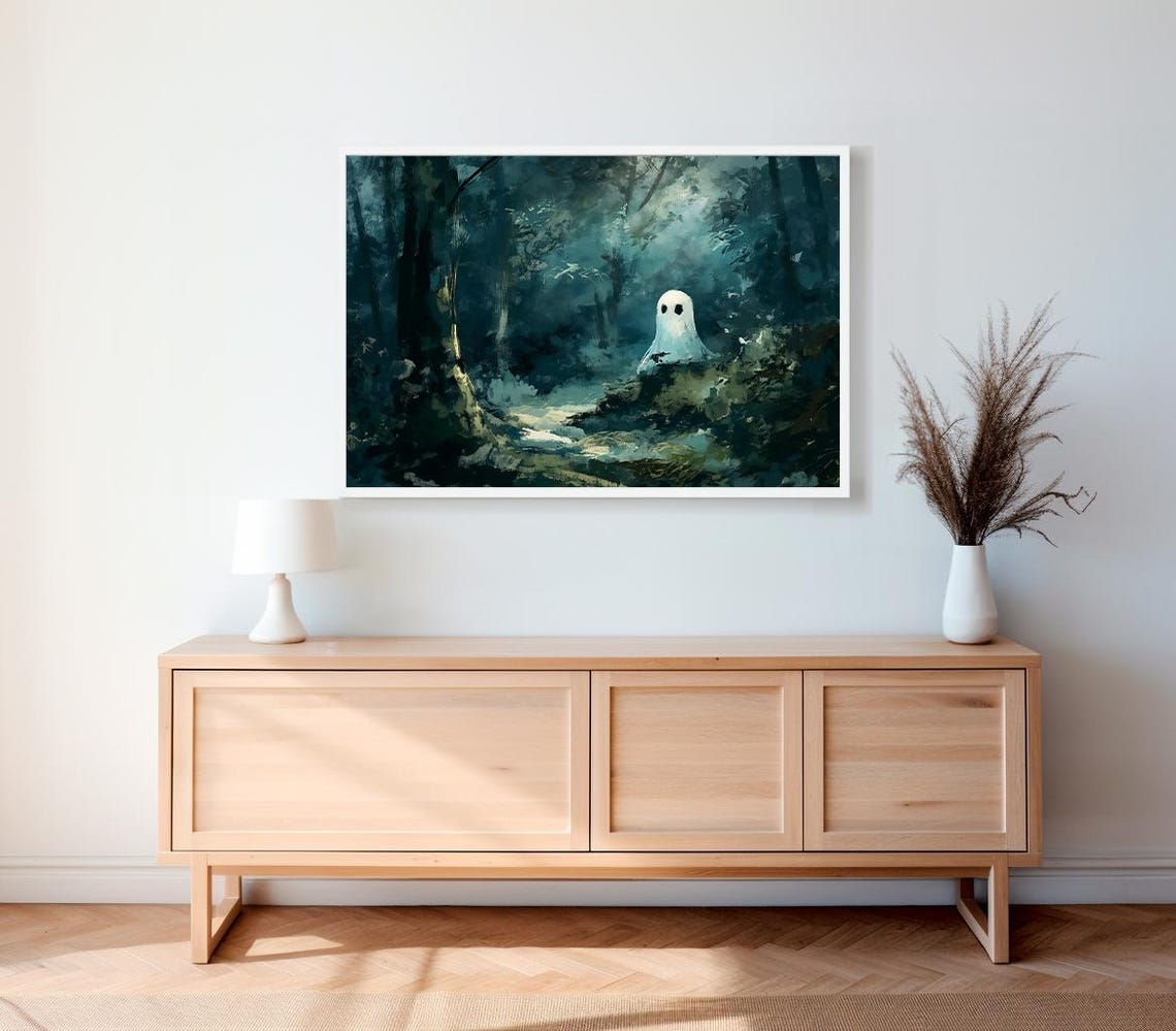 Small White Ghost Standing In A Dark Misty Forest Painting Poster - Image 2