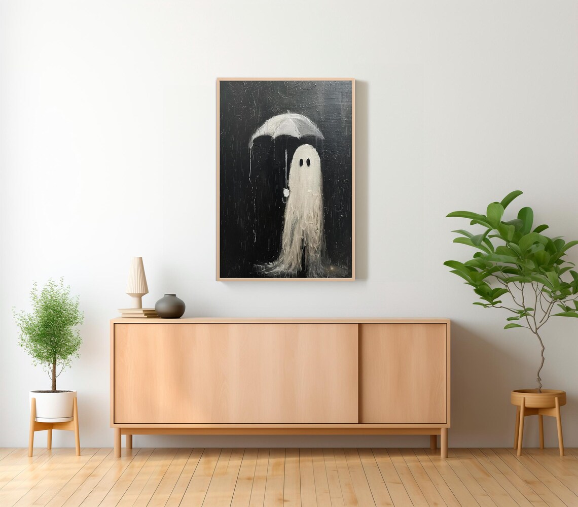Cute Ghost with Umbrella in Rain Dark Haunting Halloween Art Poster - Image 2