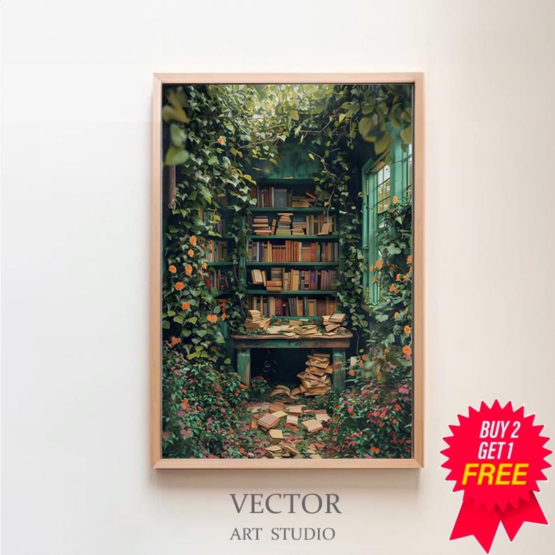Greenhouse Library Reading Nook with Vines and Books Painting Poster