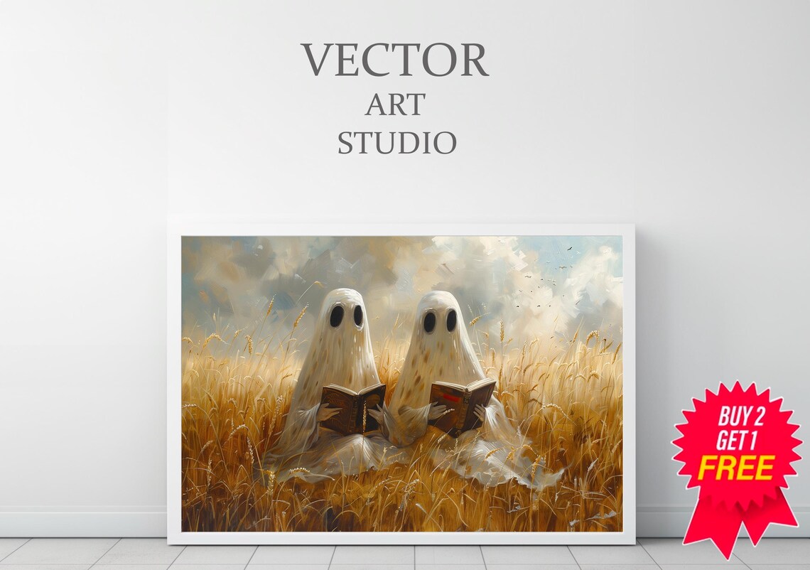 Cute Ghost Couple Reading Books In Golden Wheat Field Art Poster - Image 3