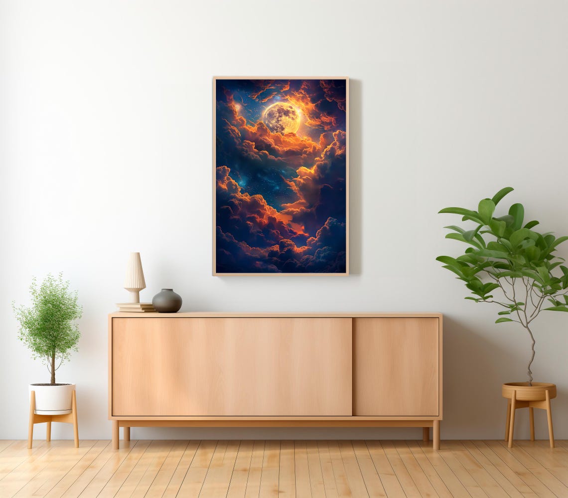 Glowing Full Moon In Orange And Blue Night Cloudscape Poster - Image 2