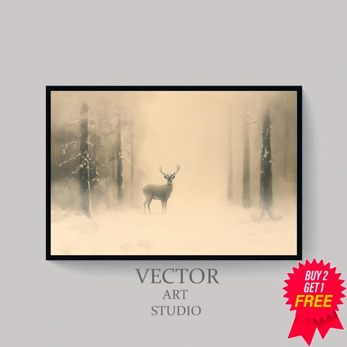 Deer In Misty Winter Forest Foggy Neutral Wildlife Painting Poster - Image 4