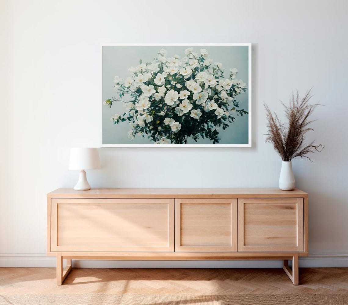 White Spring Blossoms Bouquet Soft Pale Blue Botanical Art Print - Image 2