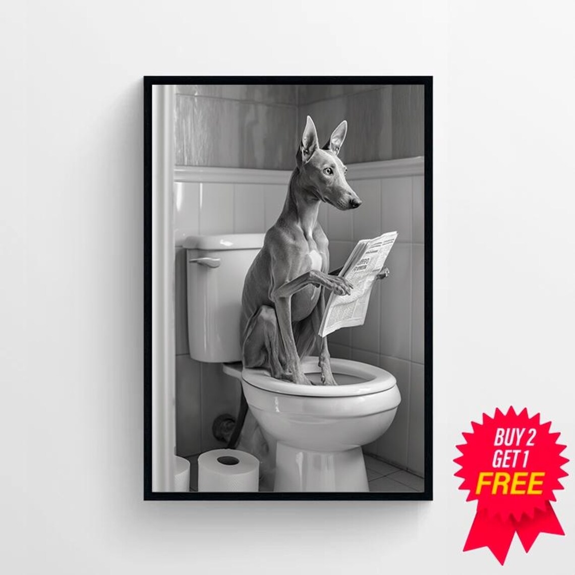Greyhound On The Toilet Holding A Newspaper Funny B&W Poster - Image 4