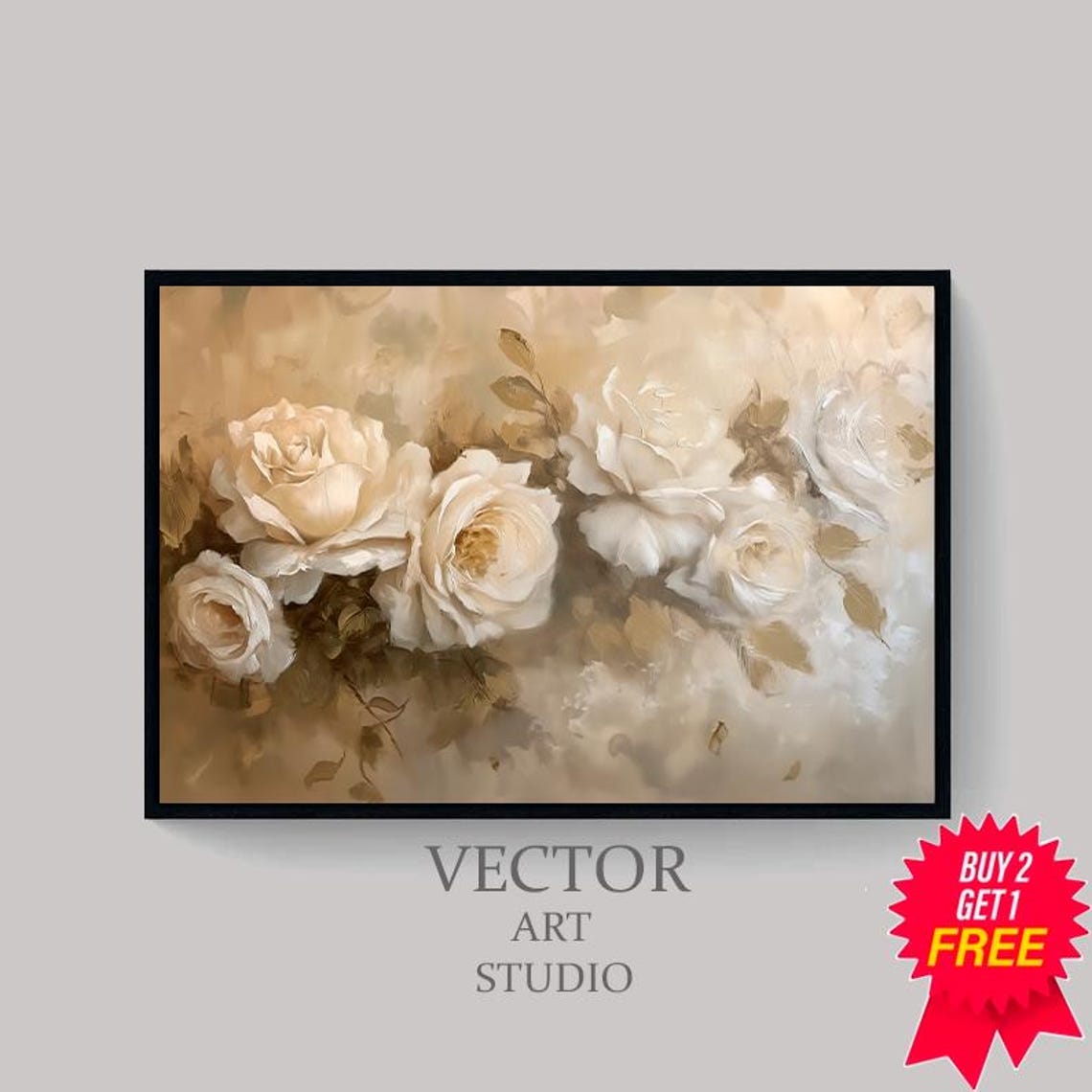 Cream White Roses Neutral Elegant Victorian Floral Painting Poster - Image 4