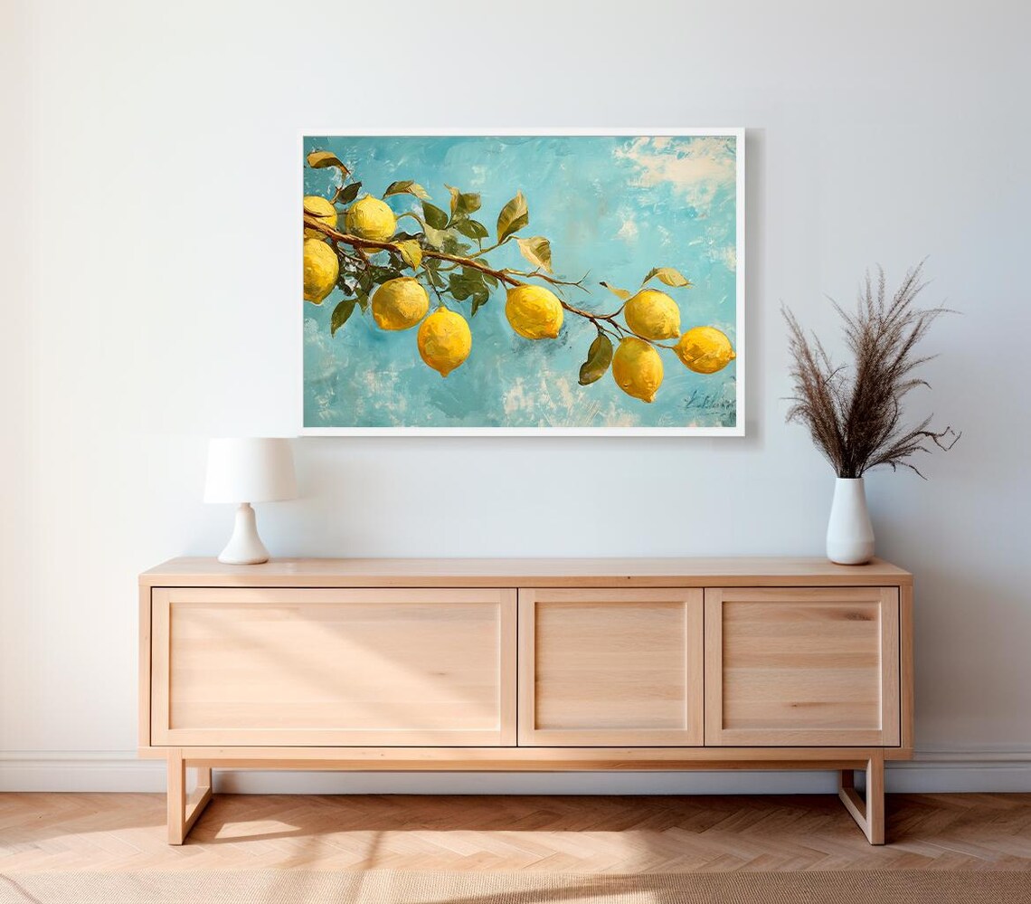 Vintage Mediterranean Lemon Branch on a Turquoise Background Poster - Image 2