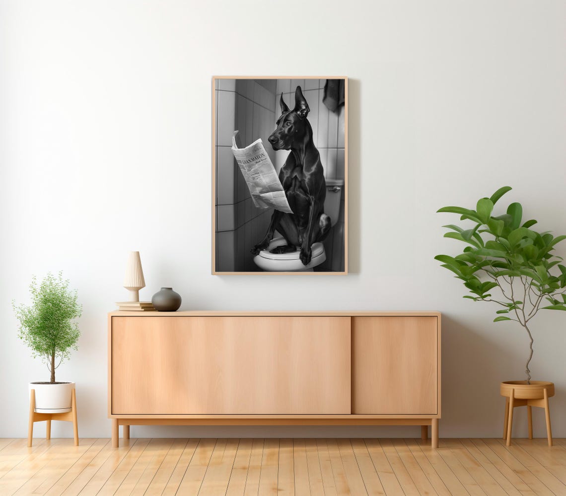 Great Dane Reading Newspaper with Head Bowed Bathroom Poster - Image 2