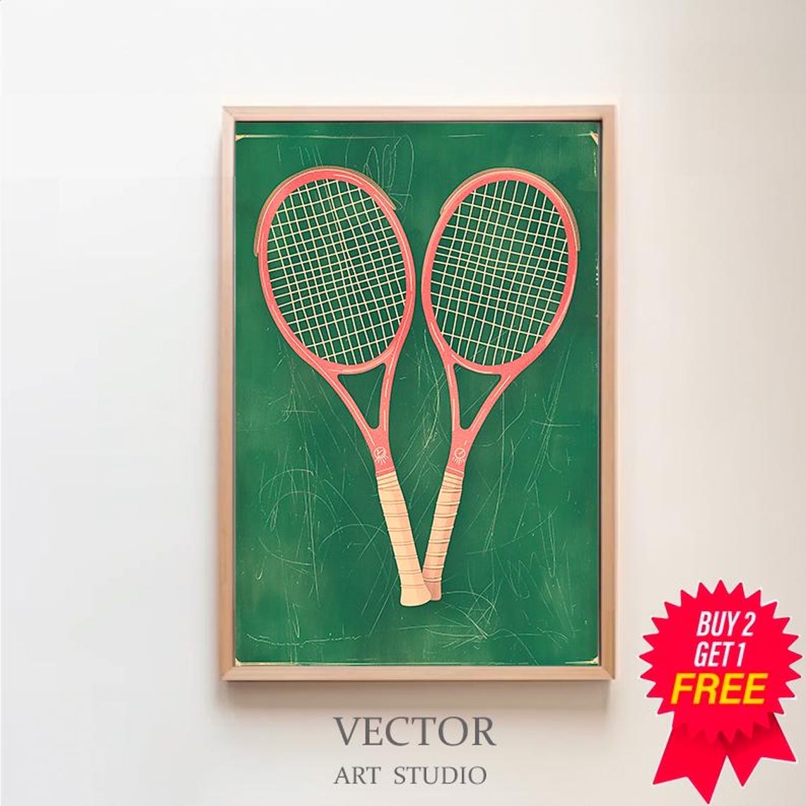 Coral Tennis Rackets Duo on Green Vintage Chalkboard Style Poster