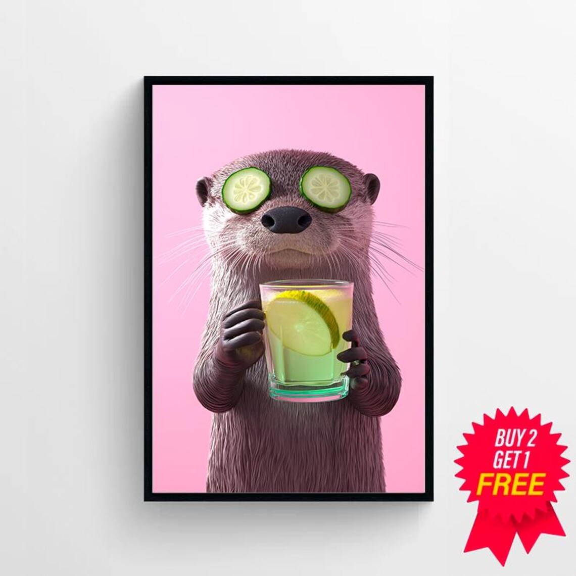 Otter with Cucumber Eyes Holding a Lime Cocktail Pink Funny Animal Poster - Image 4