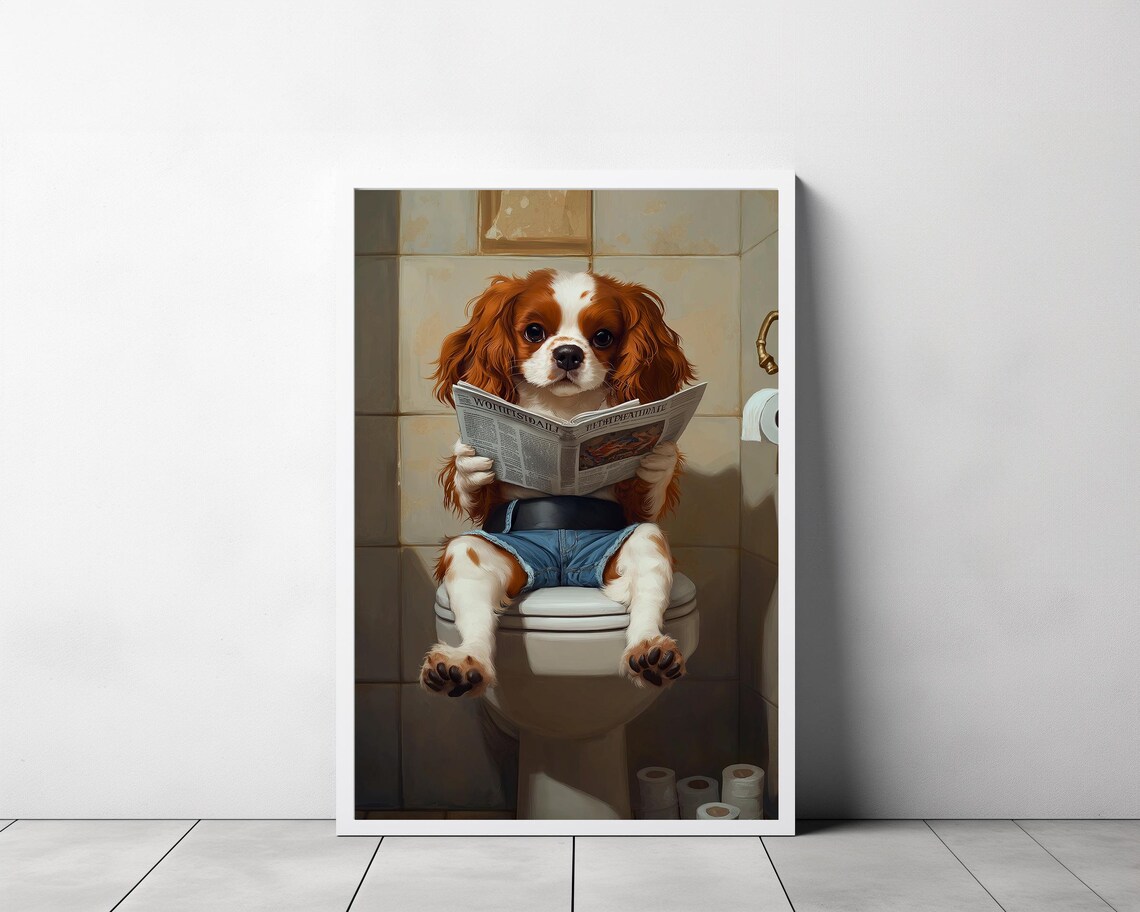 Cavalier King Charles Puppy On Toilet Reading Newspaper Poster - Image 3