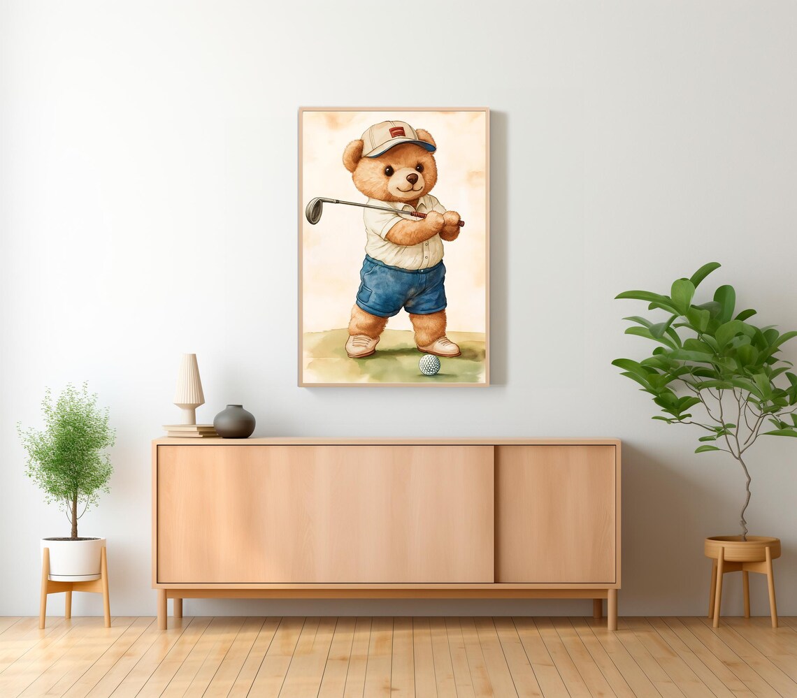 Teddy Bear Swinging Golf Club With Ball Watercolor Nursery Poster - Image 2