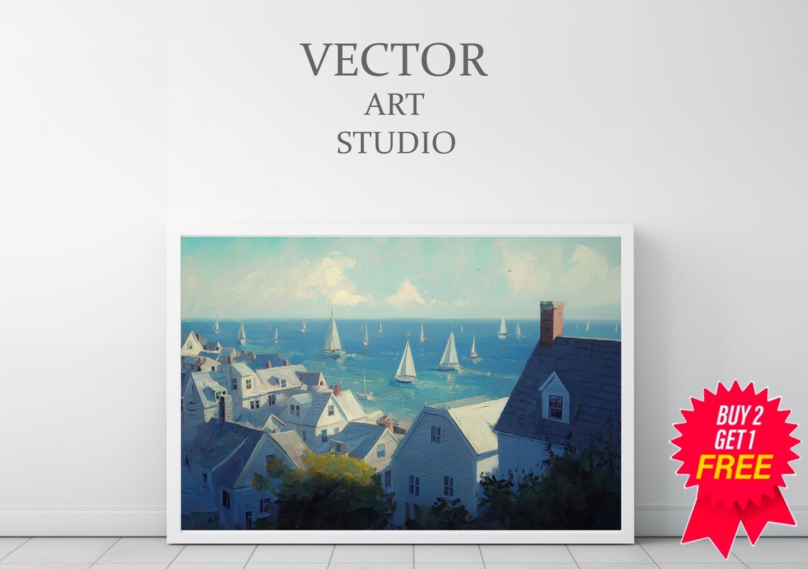 Seaside Village With White Houses And Sailboats Painterly Poster - Image 3